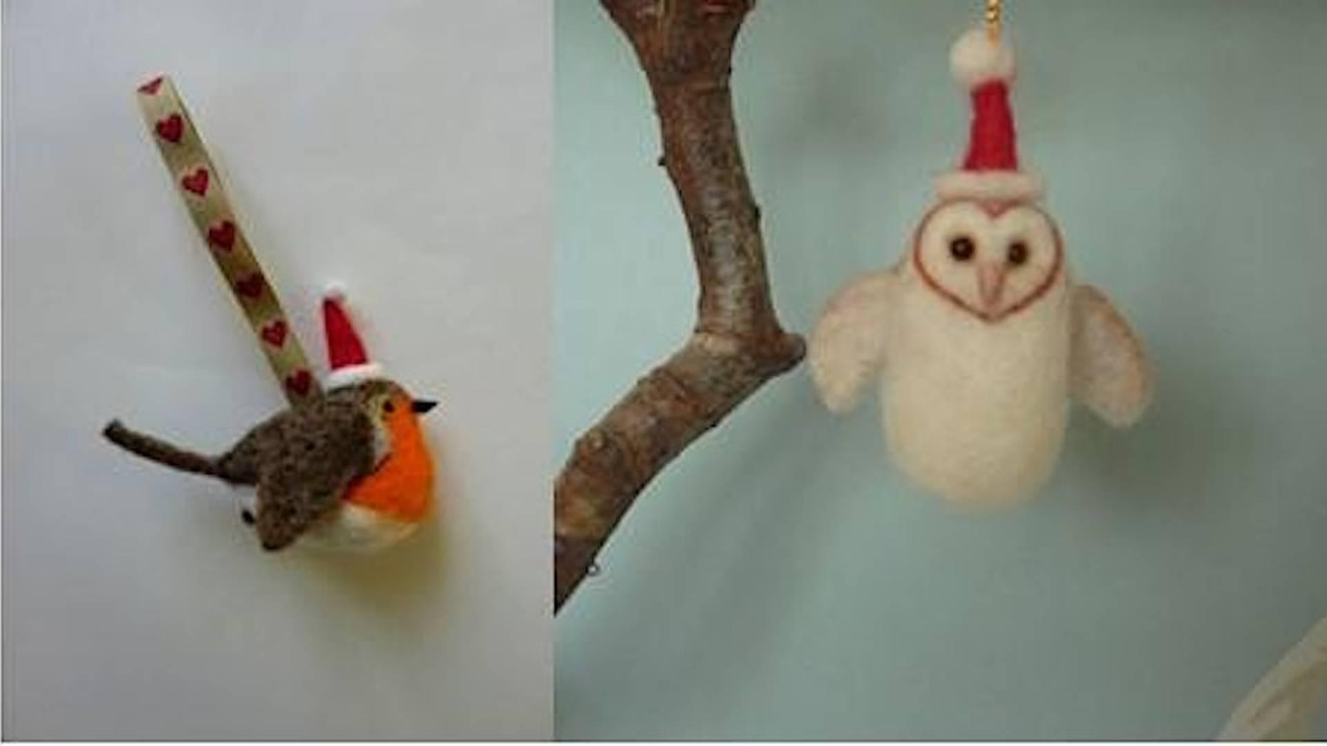 NEEDLE FELTED ROBIN AND OWL XMAS DECORATION photo