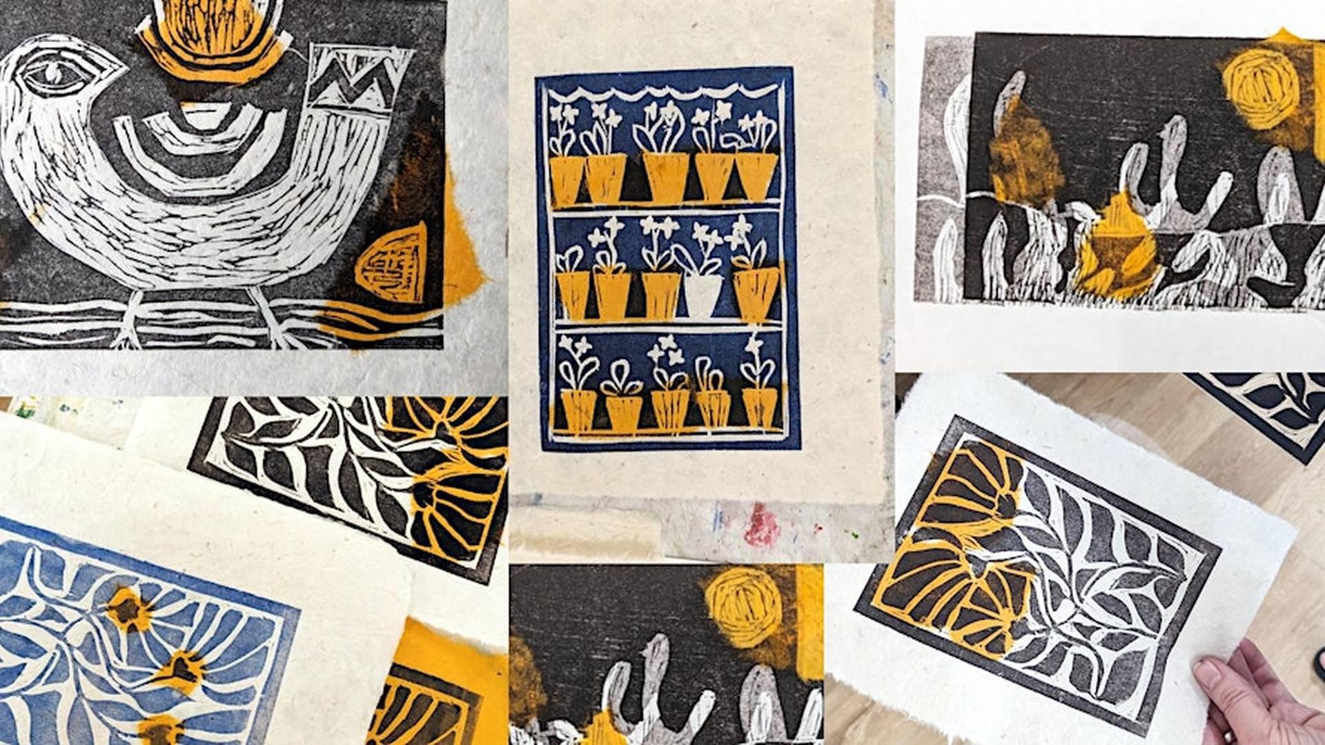 Woodcut with chine collé workshop photo